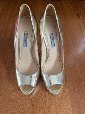 Prada Metallic Gold Open-Toe Pumps